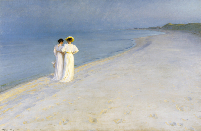 Peder Severin Krøyer - Summer evening on Skagen&#039;s Beach. Anna Ancher and Marie Krøyer walking together
