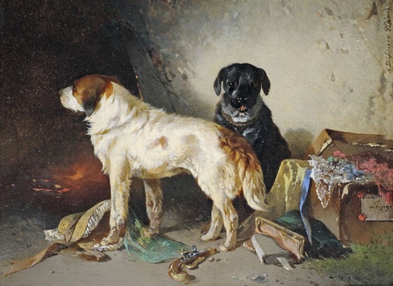Carl Pischinger - Zwei Hunde mit einer Kleiderkiste