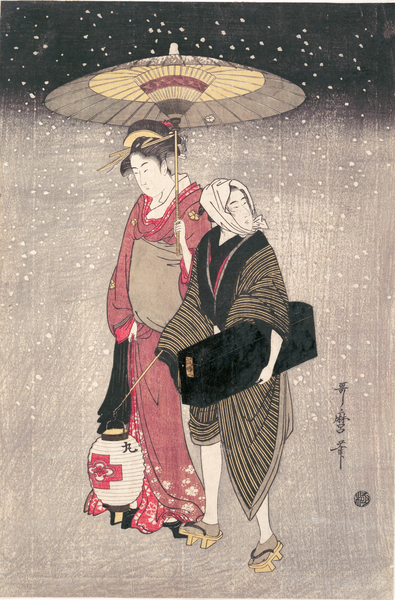 Kitagawa Utamaro - Geisha Walking through the Snow at Night