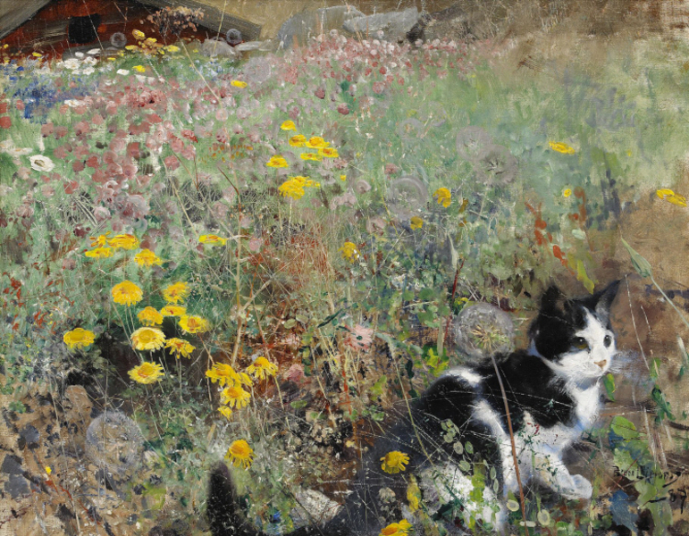 Bruno Liljefors - Cat on flowerbed