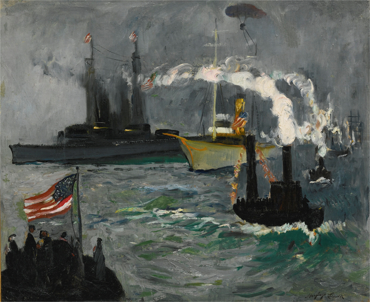 Hayley Lever 1876-1958) - THE PRESIDENT&#039;S YACHT THE MAYFLOWER WITH BATTLESHIPS IN NEW YORK HARBOR